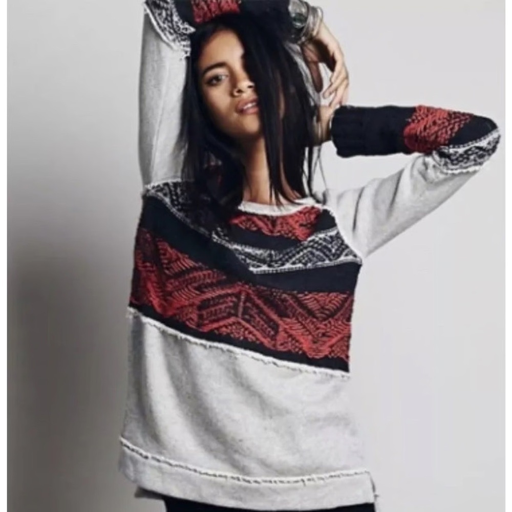 Free People Red and Gray Knit Sweater